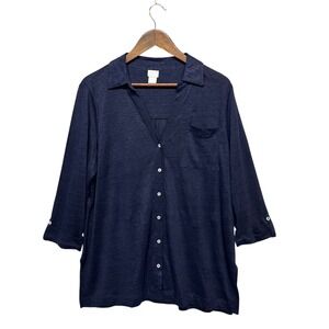 Chico's 100% Linen Button Up Shirt Size 2 Large (12/14) Blue Lagenlook‎ Popover